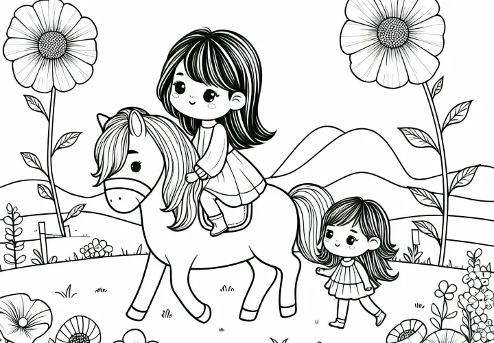 Fille monte un poney à travers un champ de fleurs – Dessin à colorier gratuit pour les filles à partir de six ans