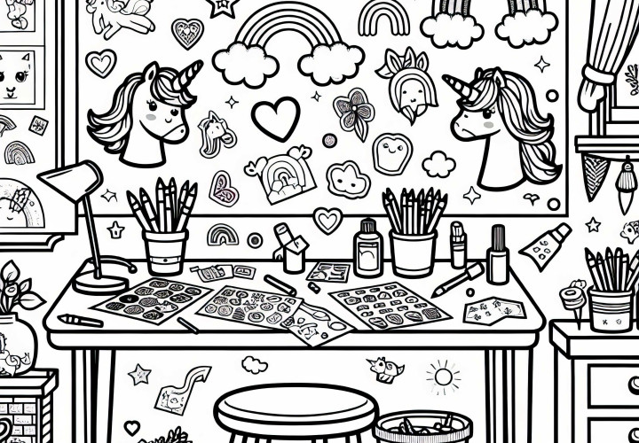 Image à colorier gratuit pour une chambre d'enfant avec une table de bricolage, des autocollants et un modèle de coloriage pour les filles à partir de six ans