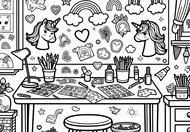 Image à colorier gratuit pour une chambre d'enfant avec une table de bricolage, des autocollants et un modèle de coloriage pour les filles à partir de six ans