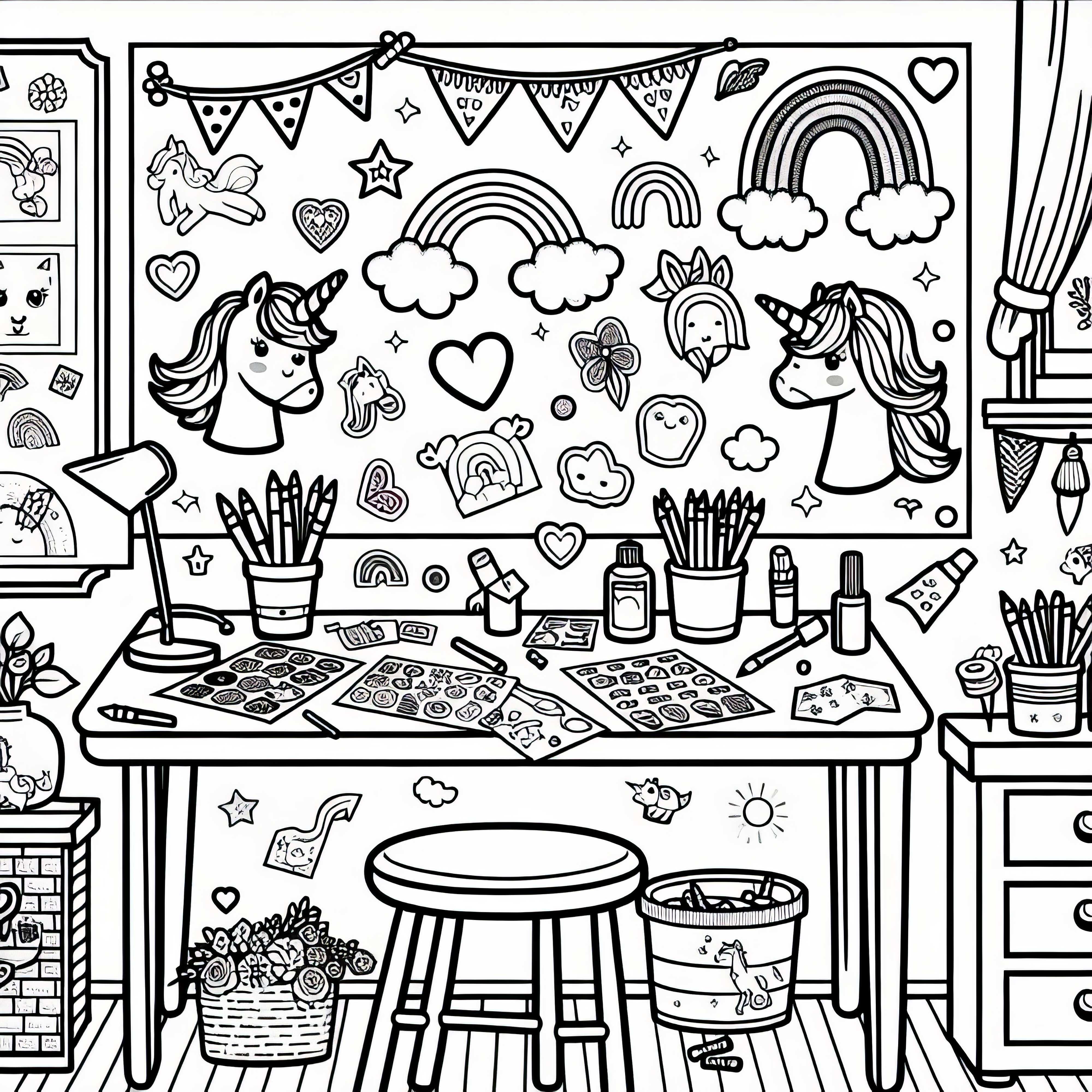 Image à colorier gratuit pour une chambre d'enfant avec une table de bricolage, des autocollants et une page de coloriage pour les filles à partir de six ans