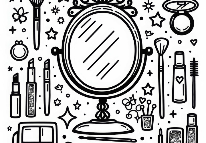 Miroir de maquillage avec accessoires - Image à colorier pour les filles à partir de six ans, gratuitement