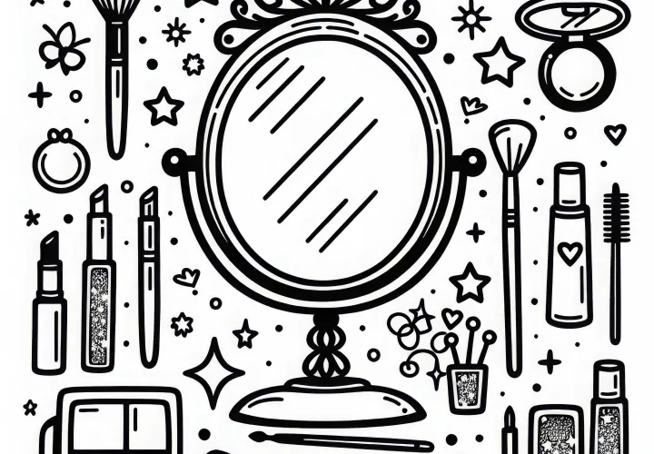 Miroir de maquillage avec accessoires - Image à colorier pour les filles à partir de six ans, gratuitement