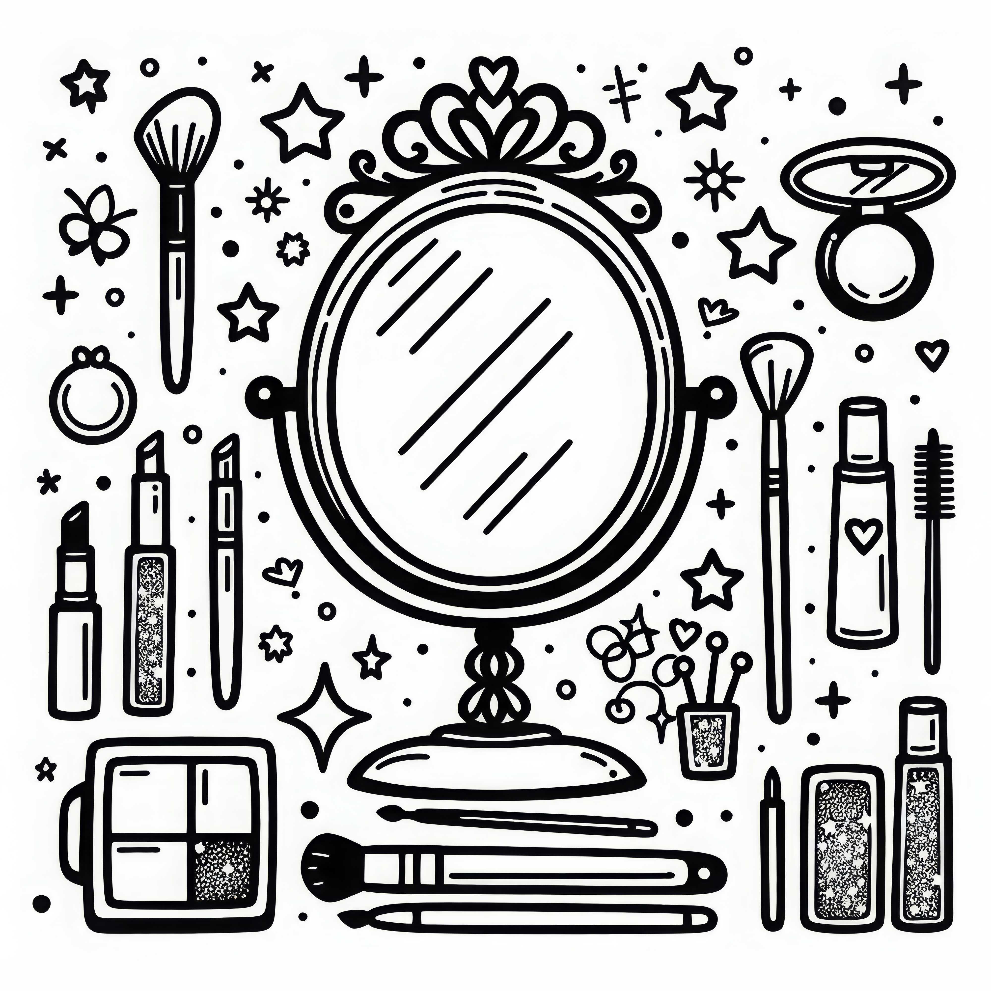 Miroir de maquillage avec accessoires - Dessin à colorier pour filles à partir de six ans, gratuit