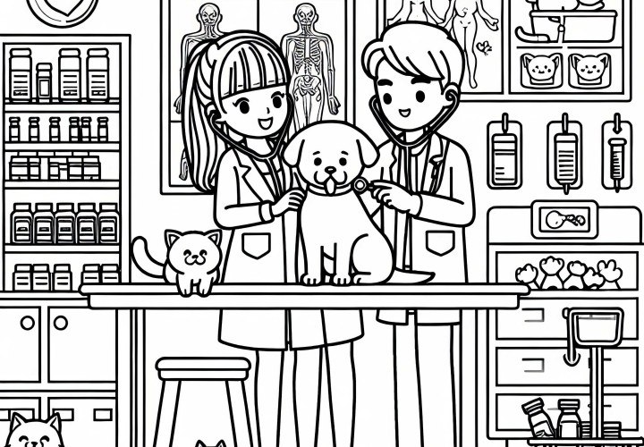 Cabinet vétérinaire avec des chiens et des chats – Dessin à colorier pour les filles à partir de six ans gratuitement