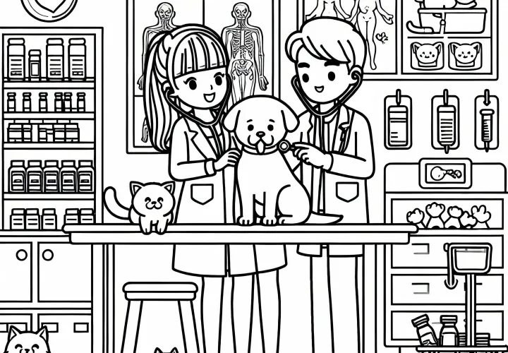 Cabinet vétérinaire avec des chiens et des chats – Dessin à colorier pour les filles à partir de six ans gratuitement