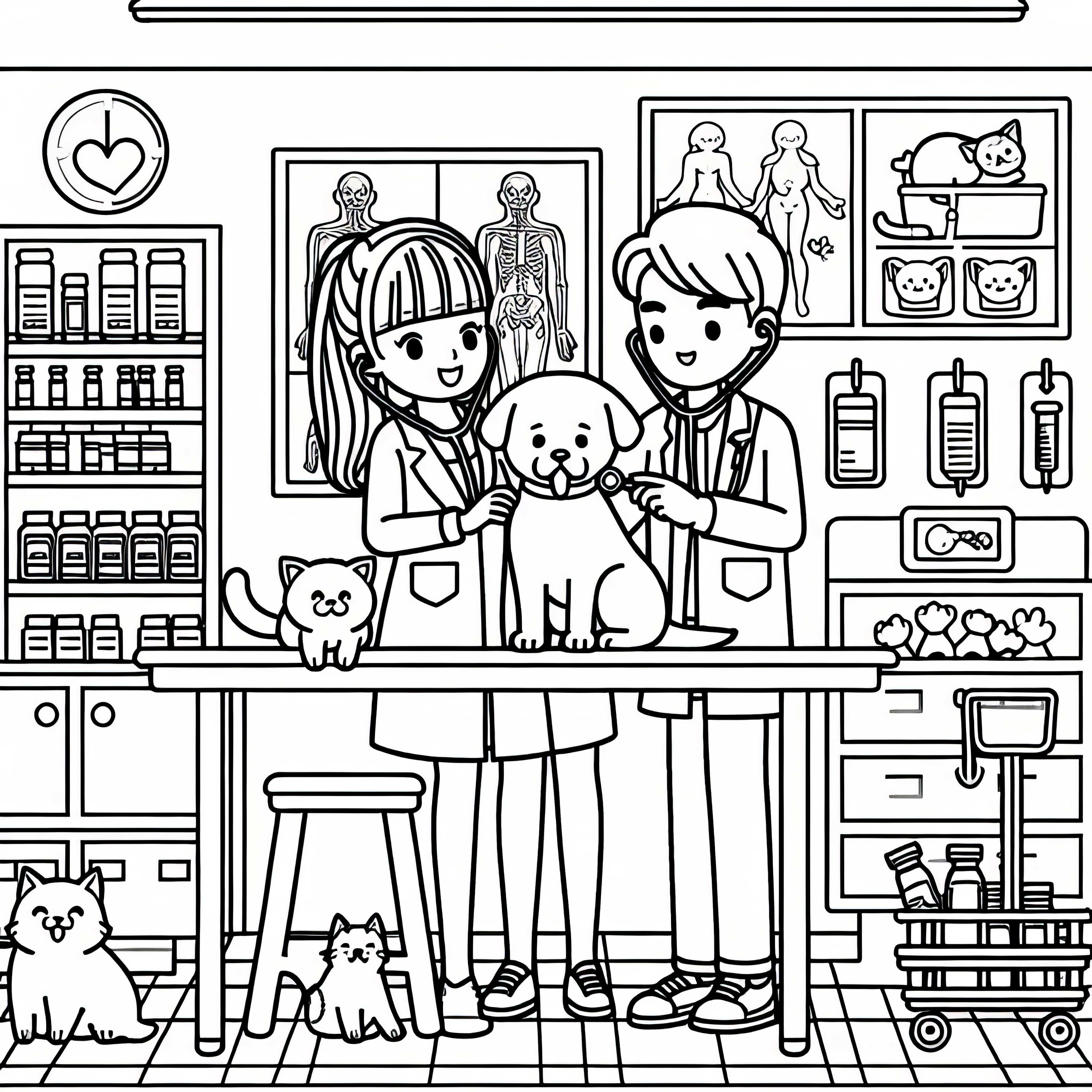 Cabinet vétérinaire avec des chiens et des chats – Page à colorier pour les filles à partir de six ans gratuite