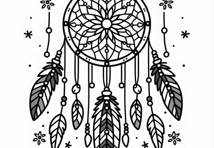 Capteur de rêves avec des plumes - Dessin à colorier pour les filles à partir de six ans gratuit