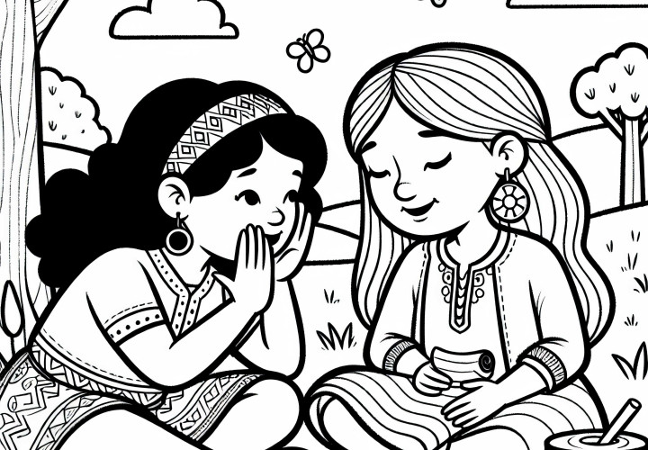 Deux amies échangent des messages secrets - Page à colorier pour filles à partir de six ans, gratuite