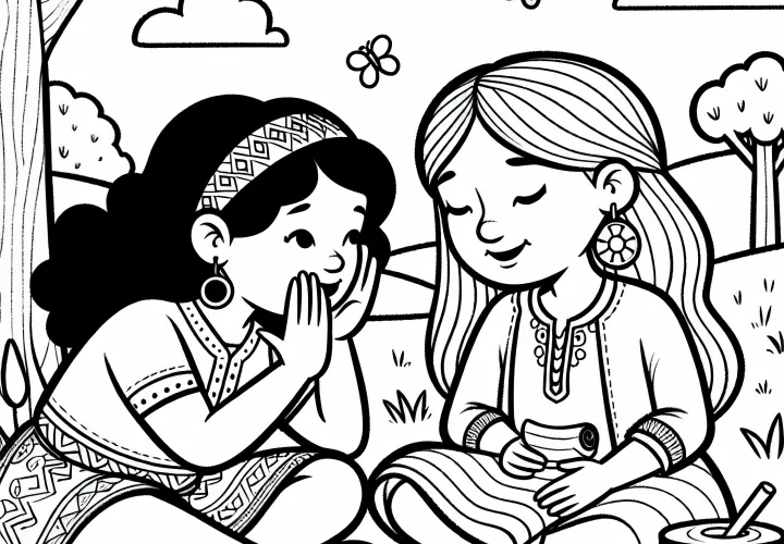 Deux amies échangent des messages secrets - Page à colorier pour filles à partir de six ans, gratuite