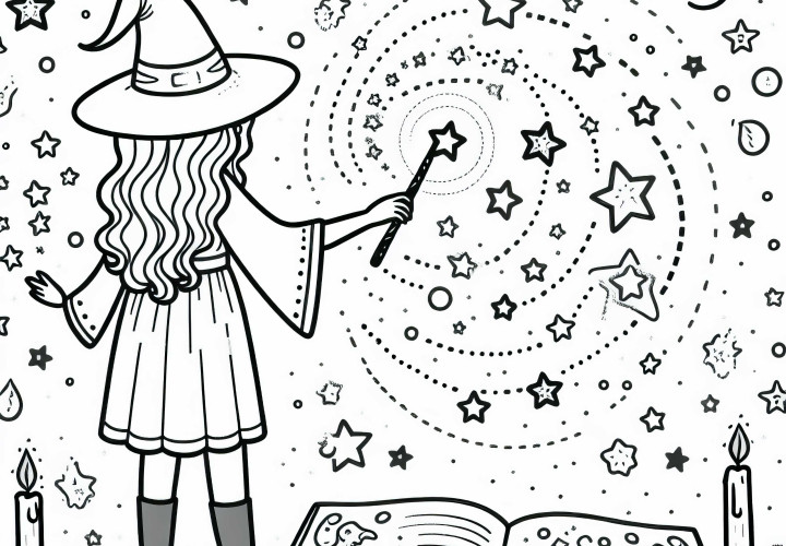 Sorcierère s'exerce avec un livre – modèle de coloriage gratuit pour les filles à partir de six ans