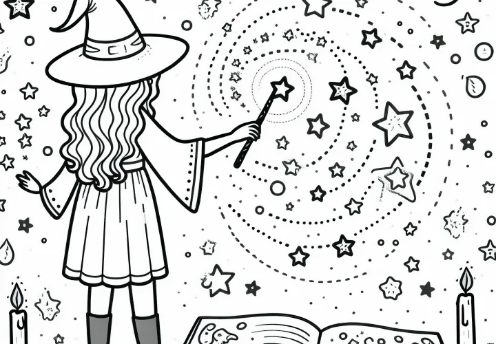 Sorcierère s'exerce avec un livre – modèle de coloriage gratuit pour les filles à partir de six ans