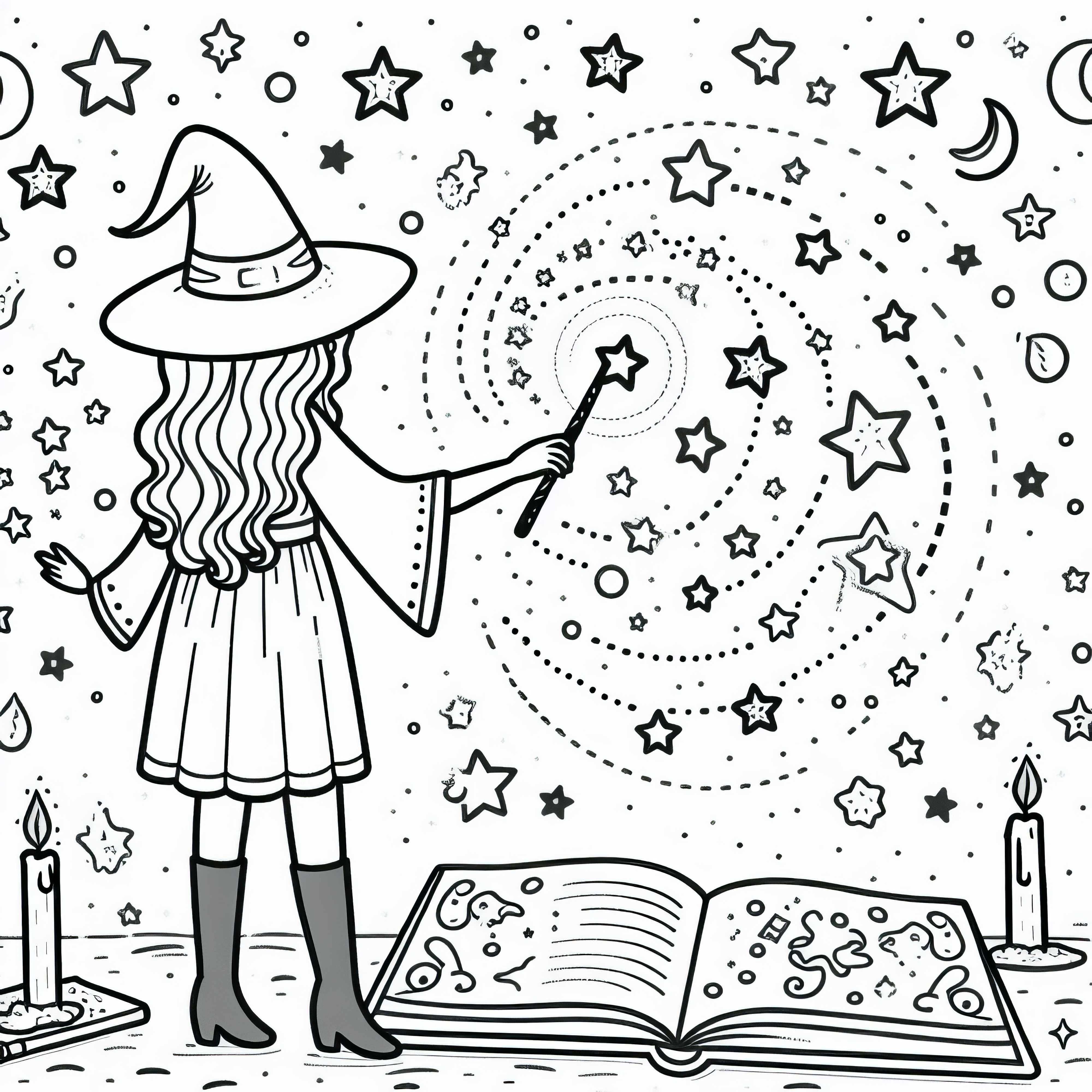 Sorcière s'exerce avec un livre – Modèle de coloriage gratuit pour filles à partir de six ans
