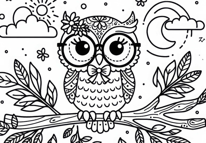 Hibou avec des lunettes sur une branche – Modèle à colorier pour les filles à partir de six ans gratuit