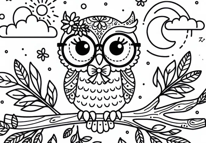 Hibou avec des lunettes sur une branche – Modèle à colorier pour les filles à partir de six ans gratuit