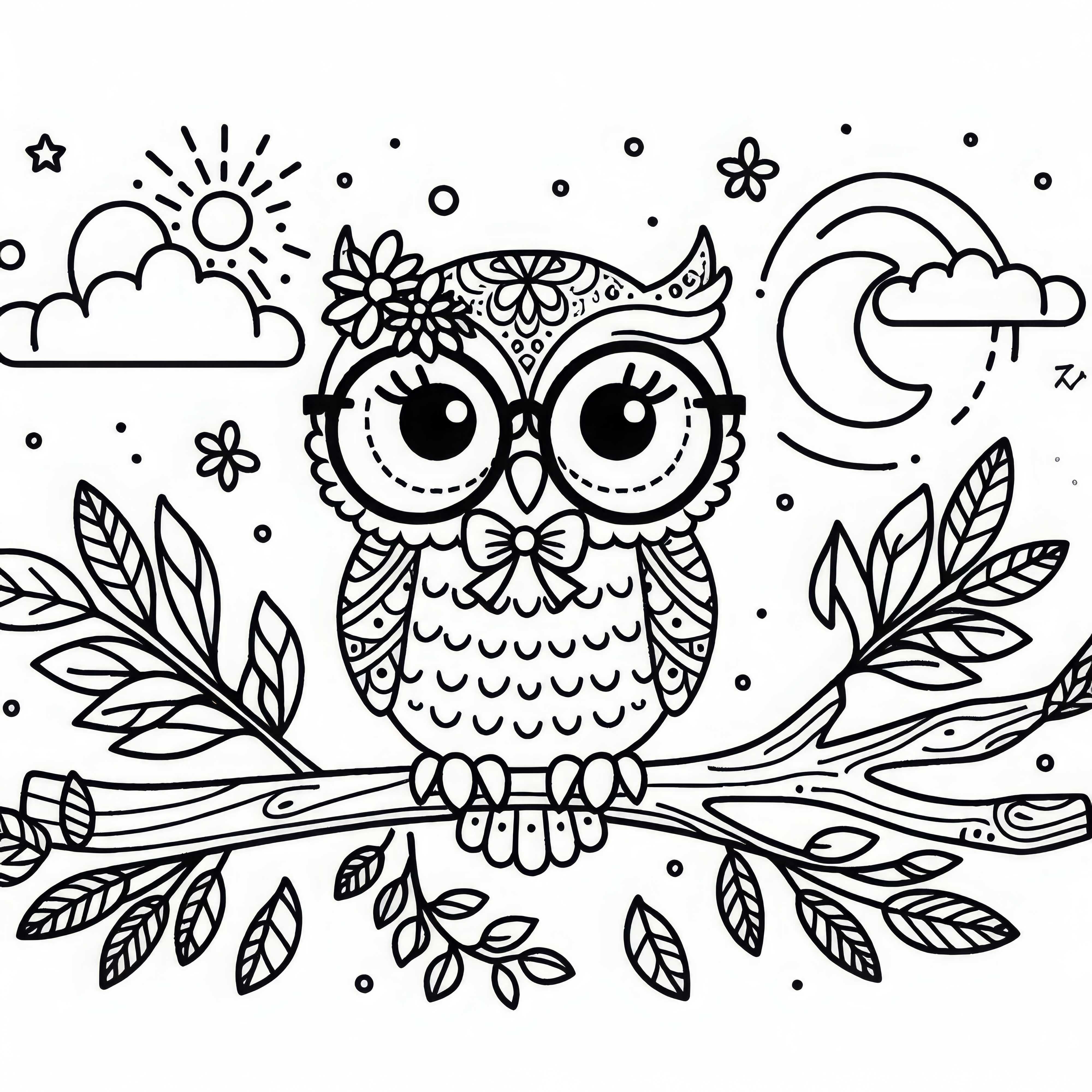 Hibou avec des lunettes sur une branche - Modèle de coloriage gratuit pour les filles à partir de six ans