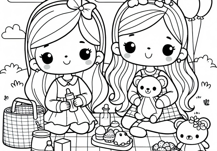 Deux filles font un pique-nique avec des peluches - dessin à colorier pour les filles à partir de six ans, gratuit