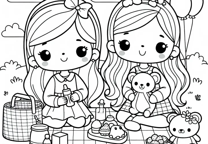 Deux filles font un pique-nique avec des peluches - dessin à colorier pour les filles à partir de six ans, gratuit