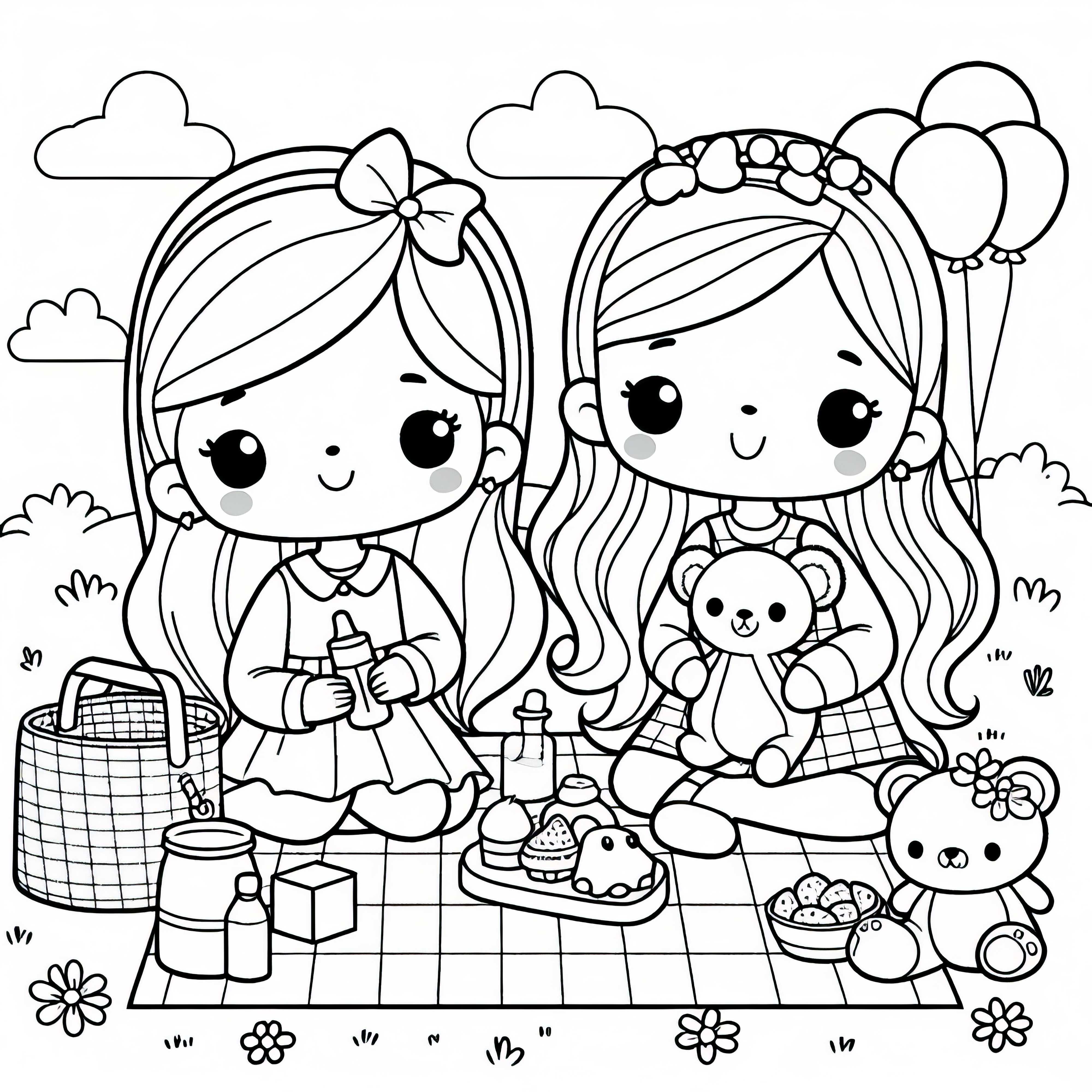Deux filles pique-niquent avec des peluches - feuille de coloriage pour filles à partir de six ans gratuite