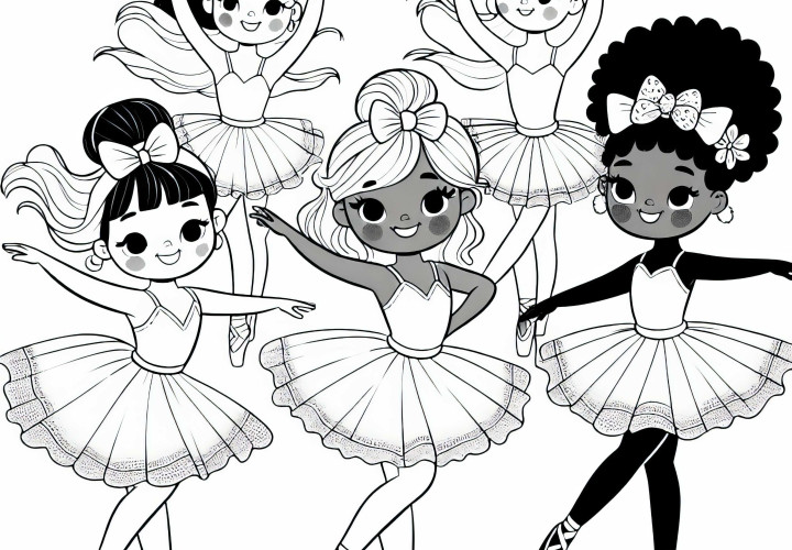 Scène de danse avec tutu et nœud - Page à colorier pour filles à partir de six ans gratuite