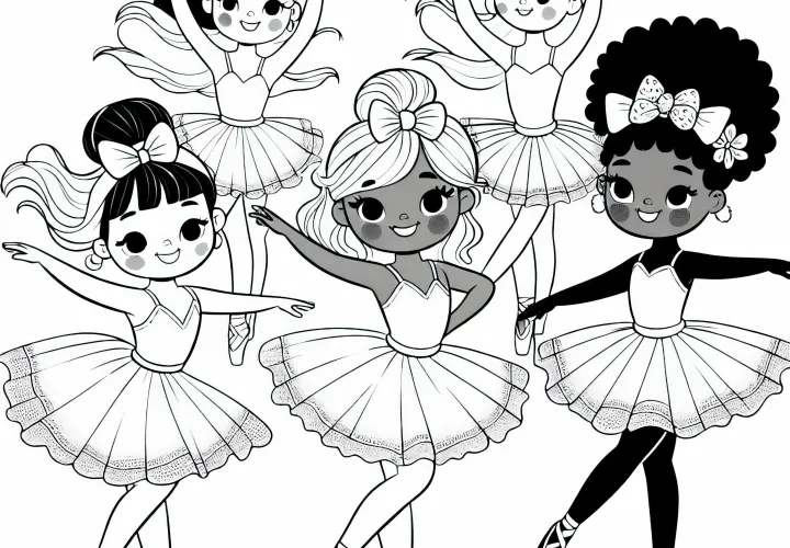 Scène de danse avec tutu et nœud - Page à colorier pour filles à partir de six ans gratuite