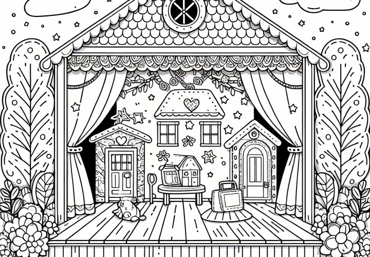 Scène avec théâtre fait maison - Dessin à colorier pour filles à partir de six ans, gratuit