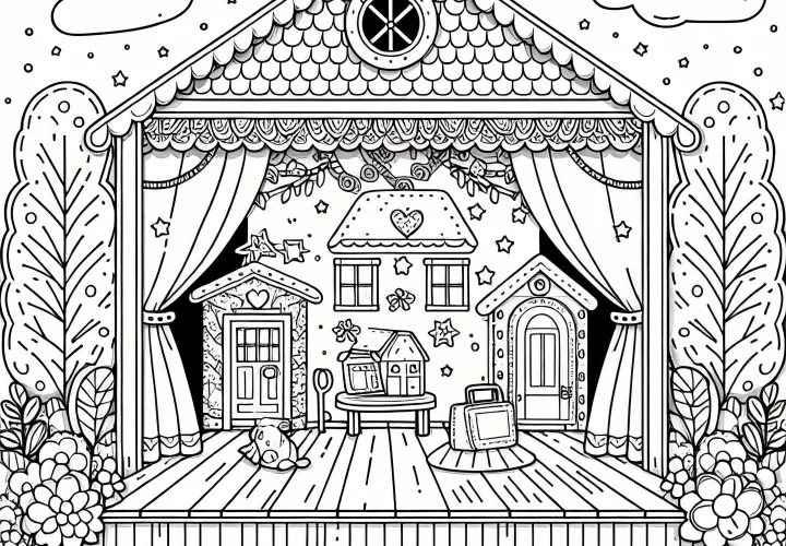 Scène avec théâtre fait maison - Dessin à colorier pour filles à partir de six ans, gratuit