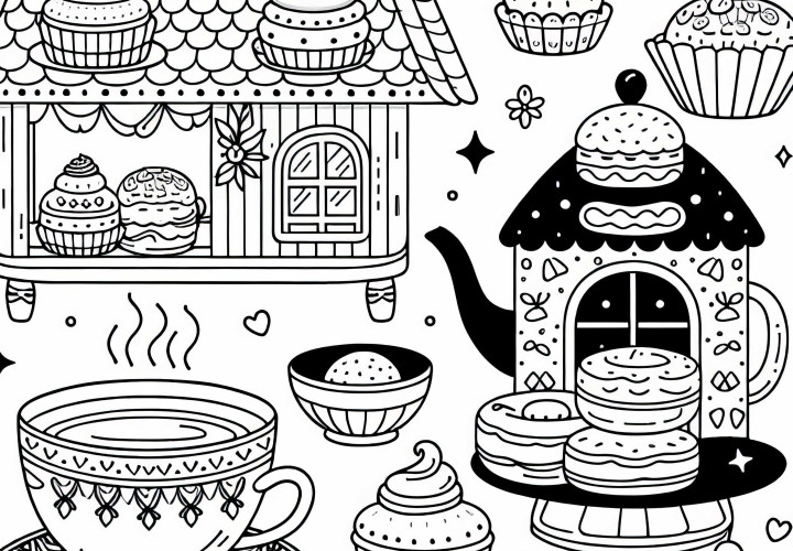 Thé avec des biscuits – Dessin à colorier gratuit pour les filles à partir de six ans