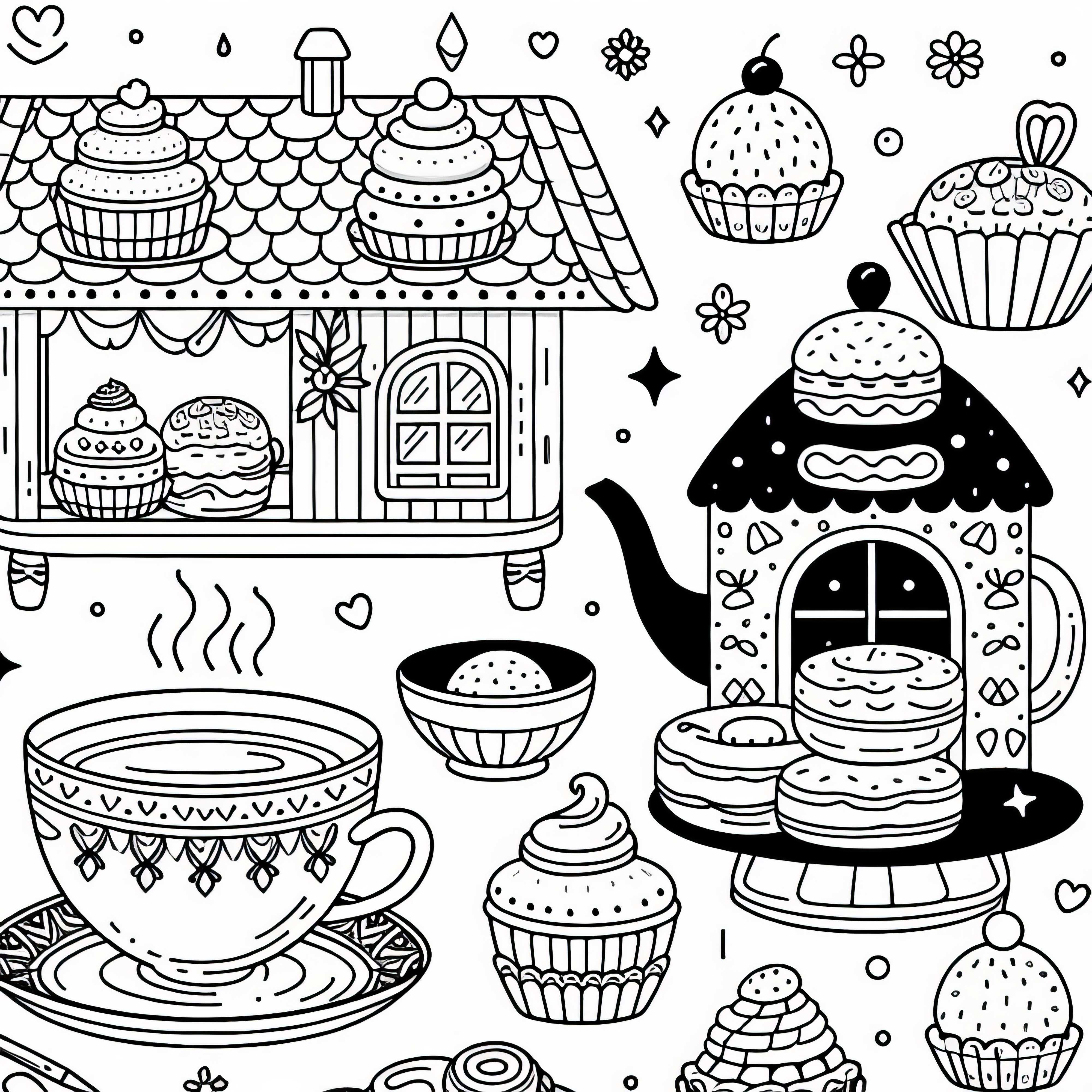 Thé et pâtisseries – Dessin à colorier pour les filles à partir de six ans gratuit