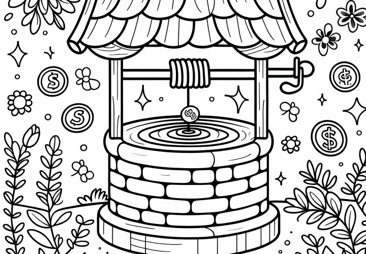 Fontaine à souhaits avec des pièces - Image à colorier pour filles à partir de six ans à télécharger gratuitement