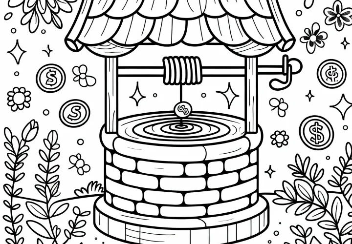 Fontaine à souhaits avec des pièces - Image à colorier pour filles à partir de six ans à télécharger gratuitement