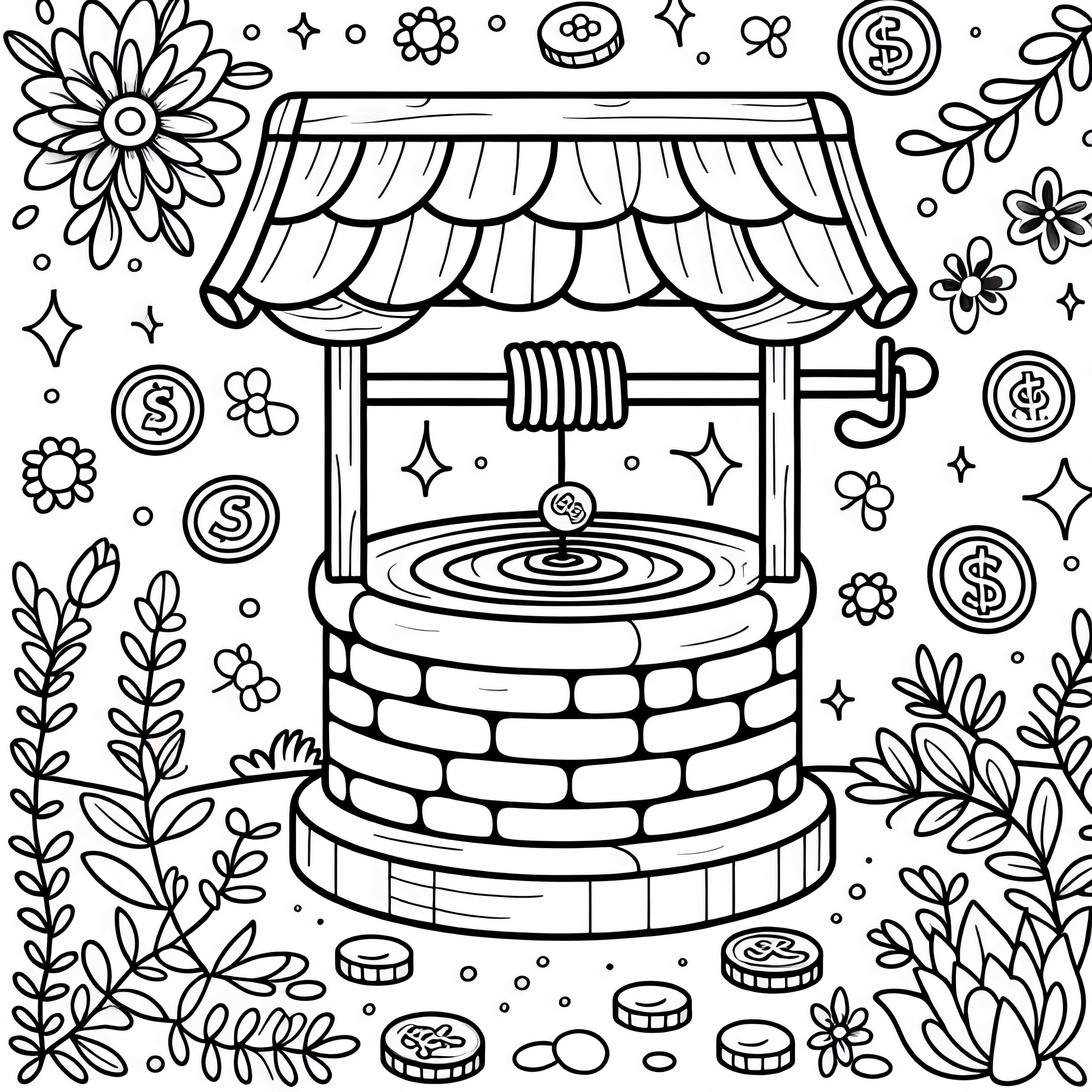 Fontaine à souhaits avec des pièces - Image à colorier pour filles à partir de six ans à télécharger gratuitement