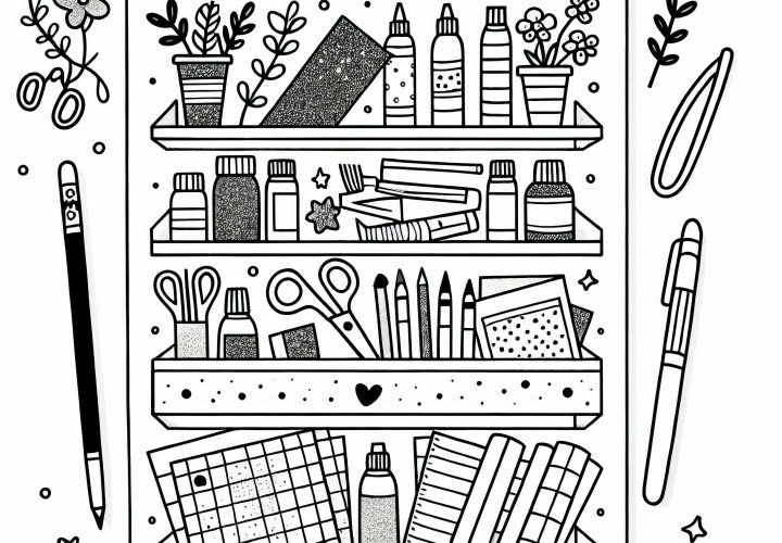 Étagère pour le bricolage avec des ciseaux, du papier et du paillettes : modèle de coloriage gratuit pour les filles à partir de six ans