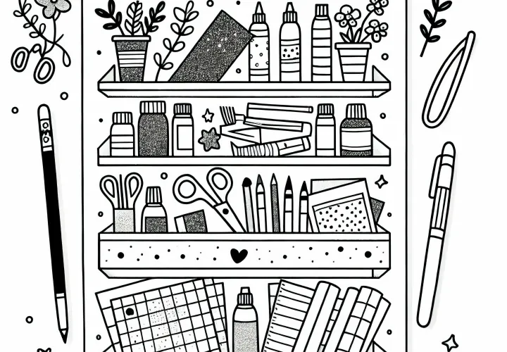 Étagère pour le bricolage avec des ciseaux, du papier et du paillettes : modèle de coloriage gratuit pour les filles à partir de six ans