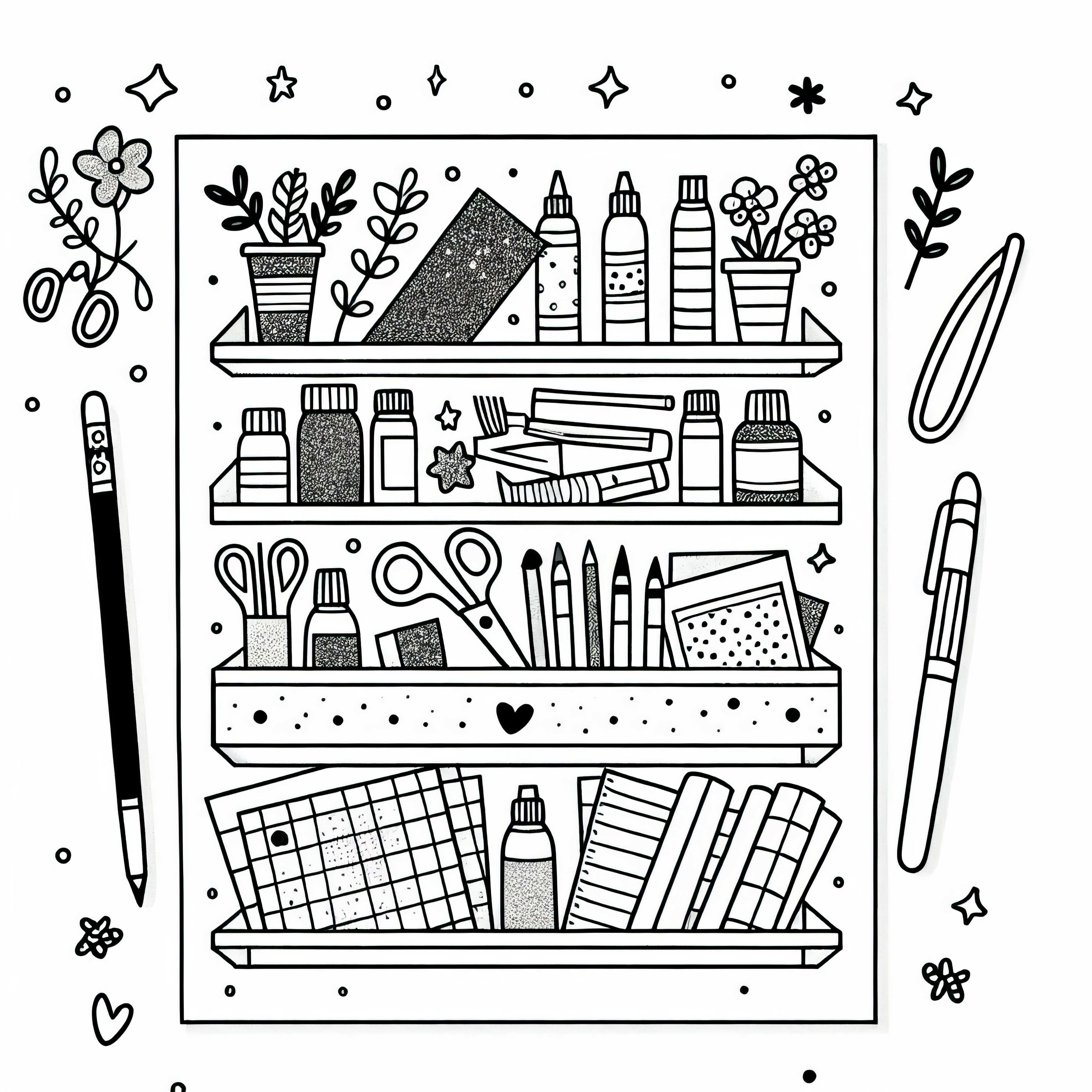 Étagère de bricolage avec des ciseaux, du papier et des paillettes : modèle de coloriage gratuit pour les filles à partir de six ans