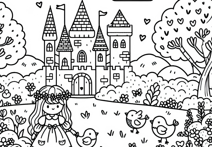 Dessin à colorier dans le jardin du château avec des oiseaux pour les filles à partir de six ans, gratuit