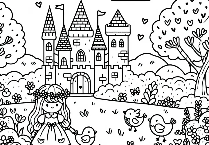 Dessin à colorier dans le jardin du château avec des oiseaux pour les filles à partir de six ans, gratuit