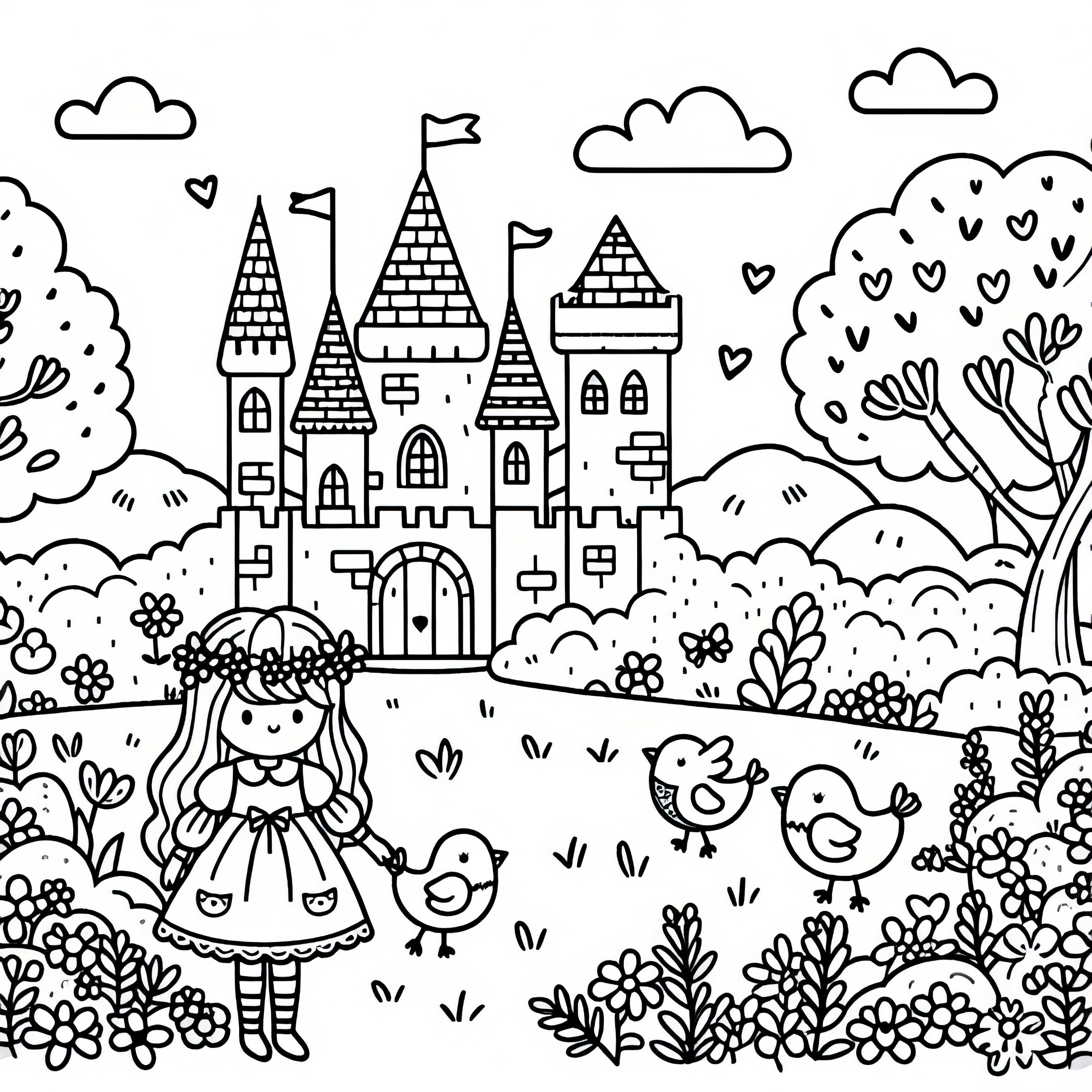 Dessins à colorier dans le jardin du château avec des oiseaux pour les filles à partir de six ans, gratuits