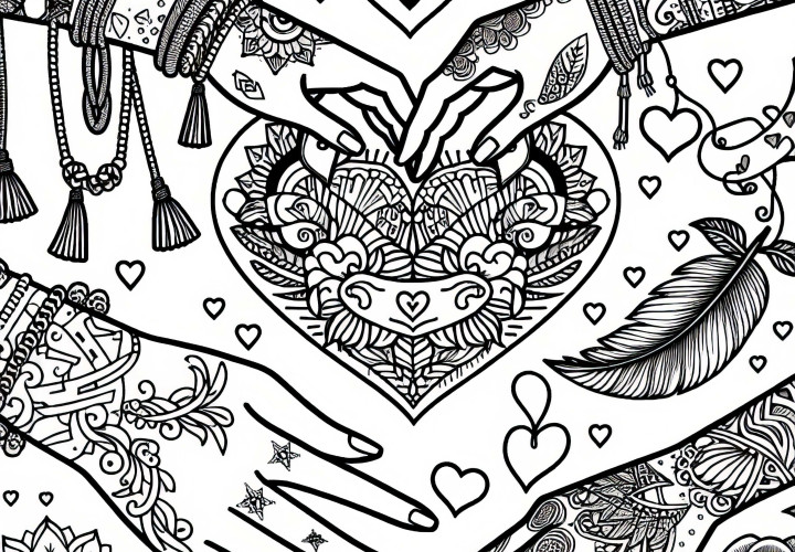 Symboles d'amitié et tatouages de cœur : dessin à colorier pour les filles à partir de douze ans