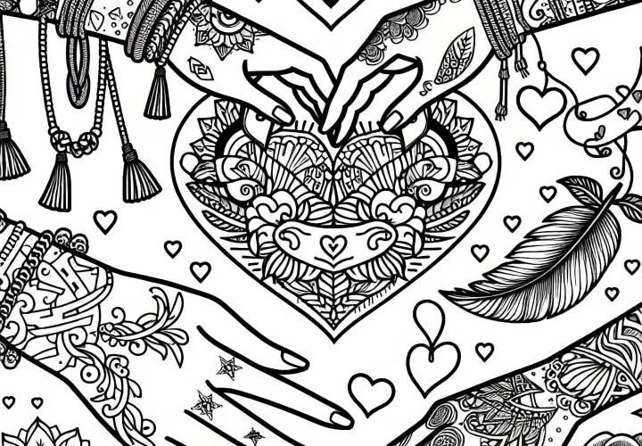 Symboles d'amitié et tatouages de cœur : dessin à colorier pour les filles à partir de douze ans