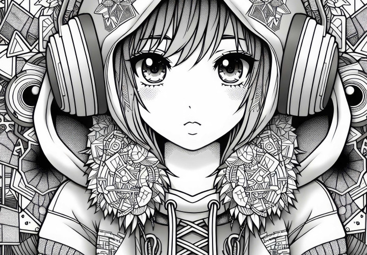 Fille manga avec des écouteurs dans un hoodie oversize – Image à colorier pour les filles dès douze ans (gratuit)