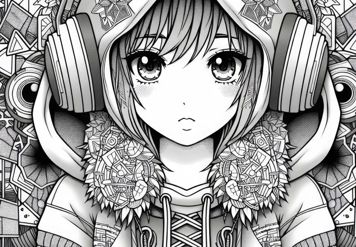 Fille manga avec des écouteurs dans un hoodie oversize – Image à colorier pour les filles dès douze ans (gratuit)