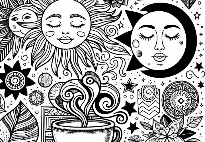 Moodboard de symboles : soleil, lune, paillettes, café – Image à colorier pour filles à partir de douze ans gratuitement Moodboard de symboles : soleil, lune, paillettes, café – Dessin à colorier gratuit pour les filles à partir de douze ans