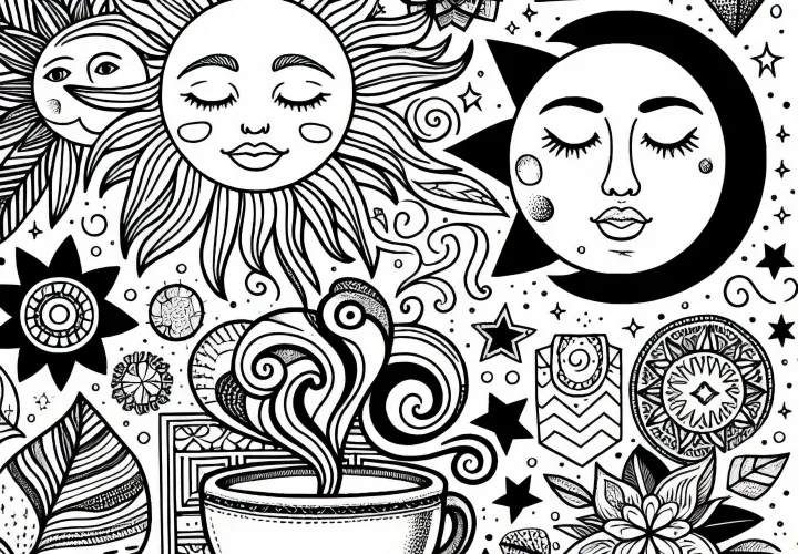 Moodboard de symboles : soleil, lune, paillettes, café – Dessin à colorier gratuit pour les filles à partir de douze ans