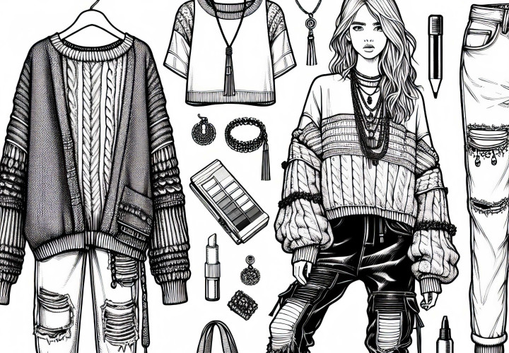 Figur de mode avec des vêtements de style urbain : modèle à colorier pour filles à partir de douze ans gratuit