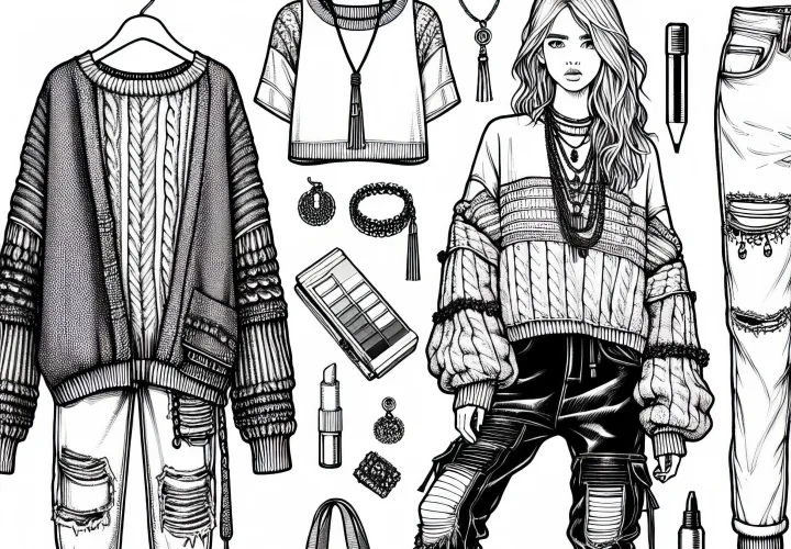 Figur de mode avec des vêtements de style urbain : modèle à colorier pour filles à partir de douze ans gratuit
