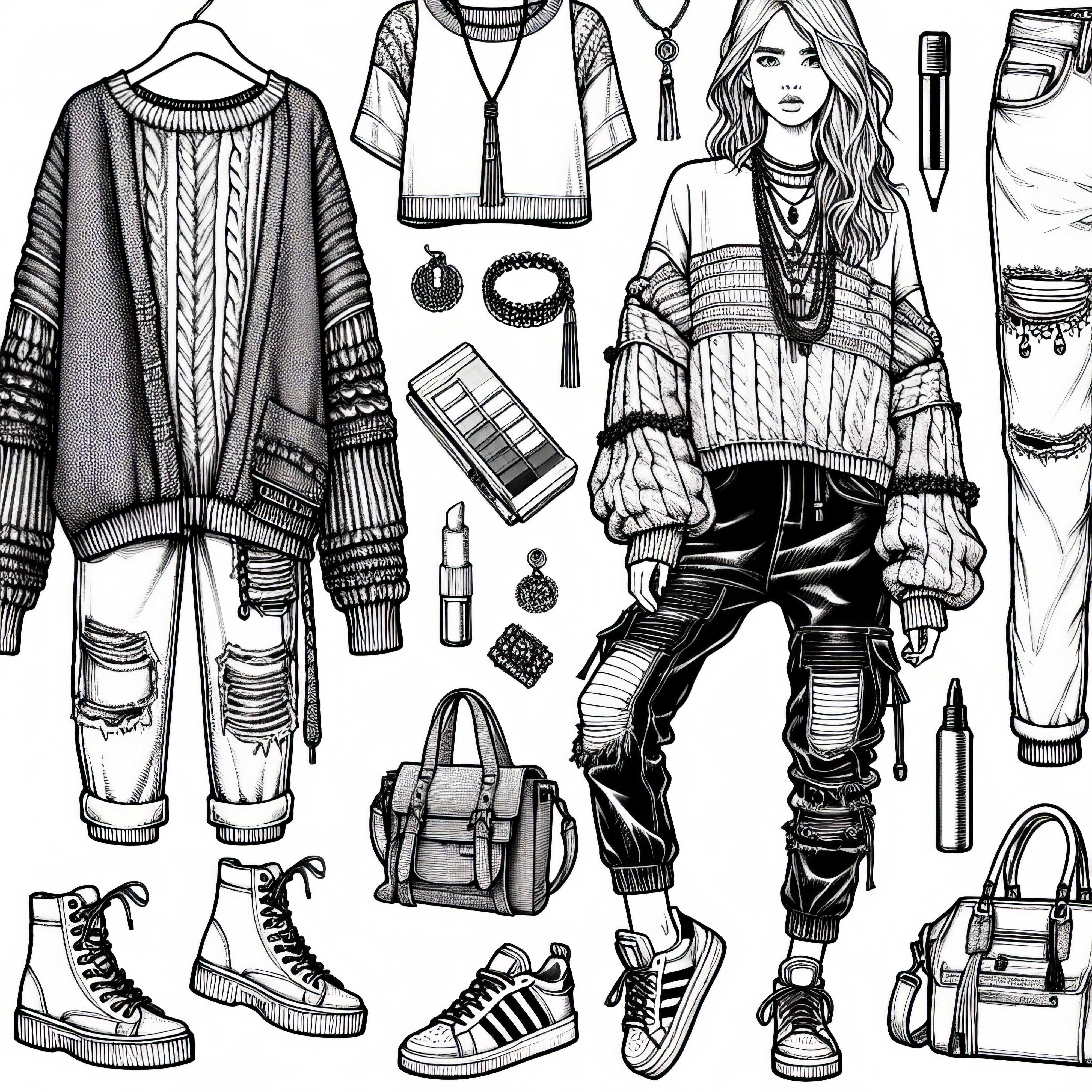 Figure de mode avec des vêtements de style urbain : modèle de coloriage gratuit pour les filles à partir de douze ans