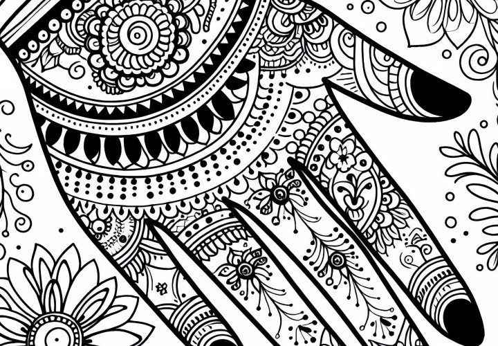 Main avec motif au henné – Modèle de coloriage gratuit pour les filles à partir de douze ans Main avec motif au henné - Modèle à colorier pour filles de plus de douze ans - Dessin à colorier gratuit