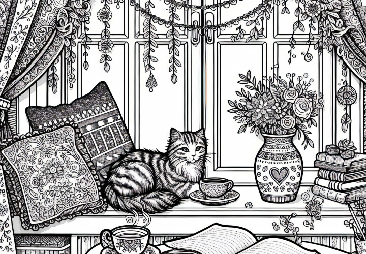 Fenêtre avec tasse, livre et chat - Modèle à colorier gratuit pour les filles à partir de douze ans