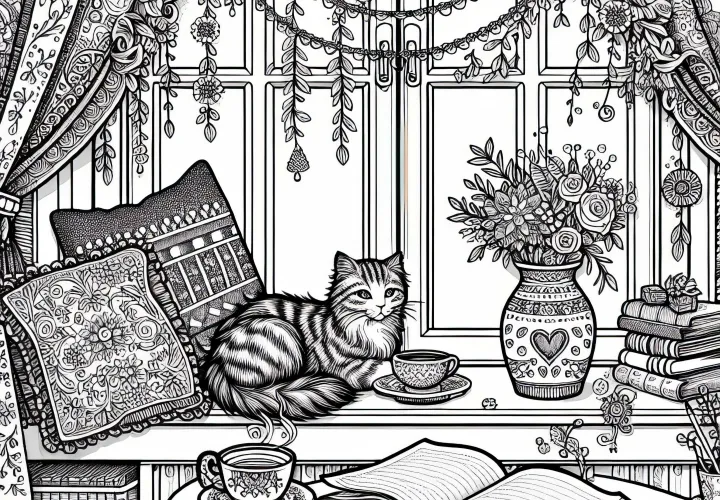 Fenêtre avec tasse, livre et chat - Modèle à colorier gratuit pour les filles à partir de douze ans