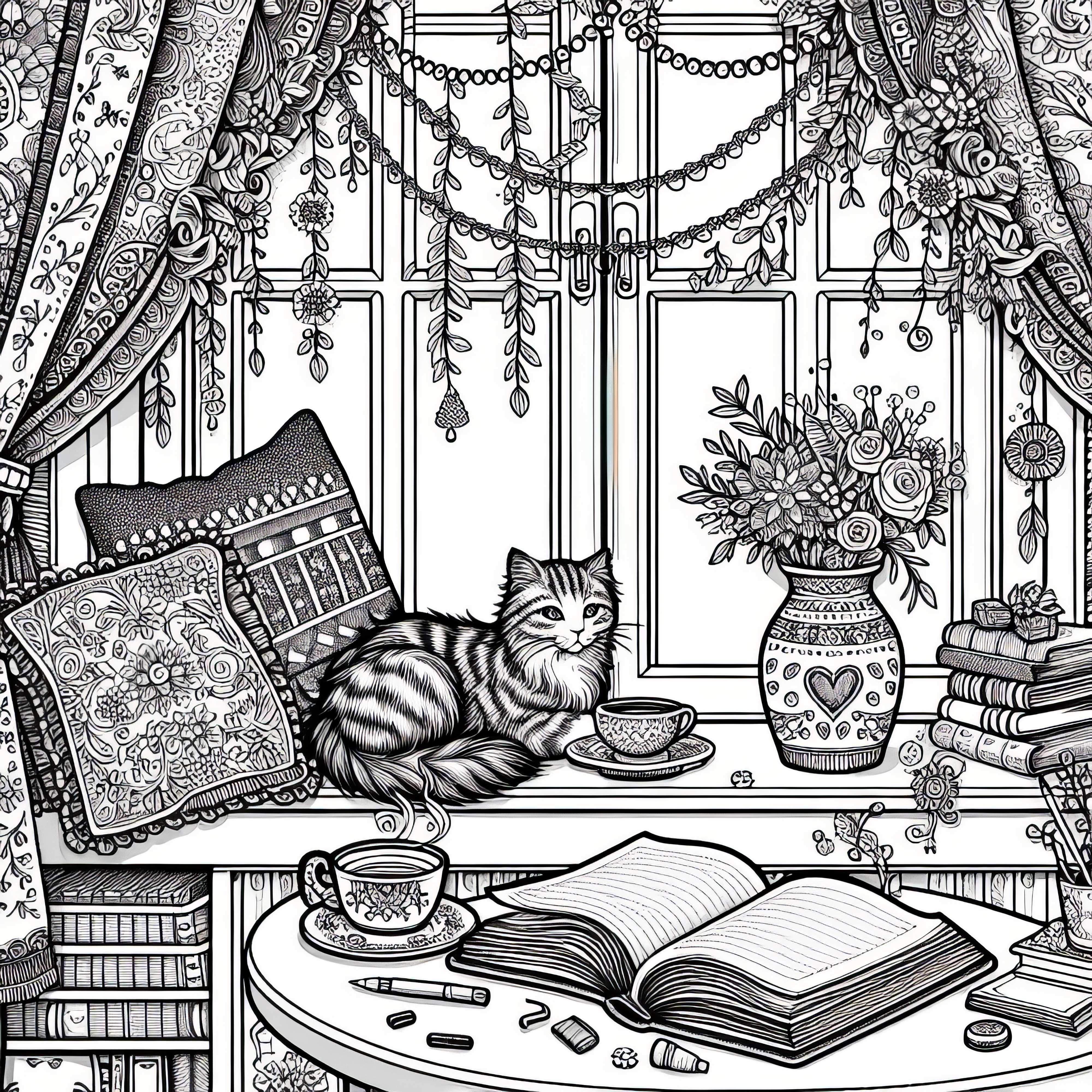 Place de fenêtre avec tasse, livre et chat - Modèle de coloriage pour filles à partir de douze ans gratuit